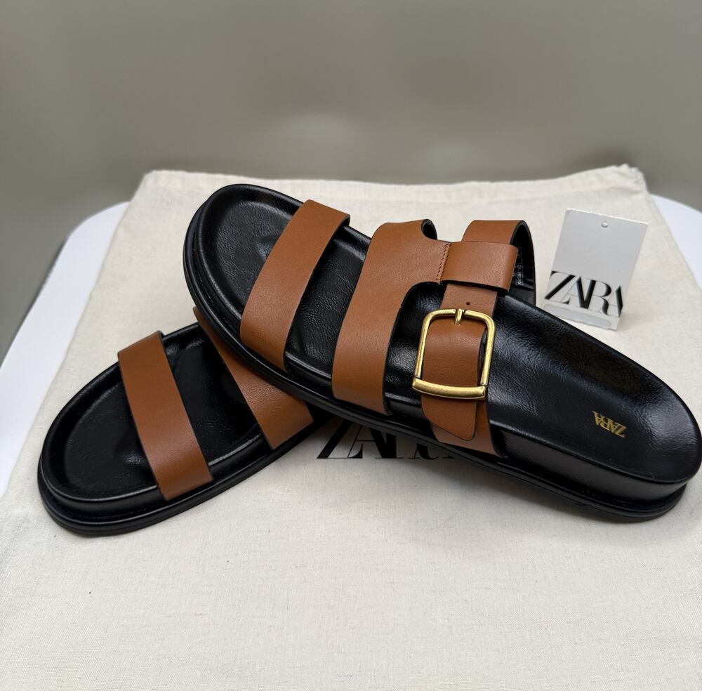 NWT ZARA Women Flat Sandals Leather triple Straps Sz 41 / 10
